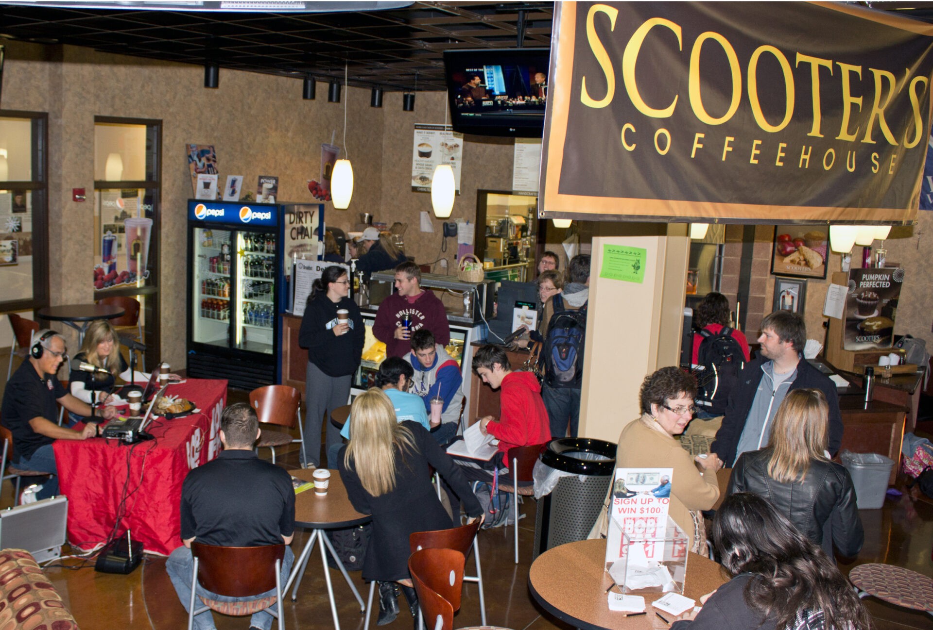 The live remote broadcast drew a crowd to Scooter's Coffeehouse early on Nov. 8.