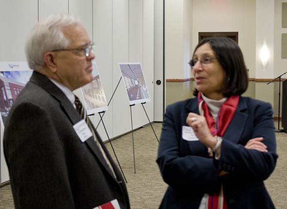 Sedgwick County Commissioner Dave Unruh (1st District) speaks with Newman University President Noreen M. Carrocci, Ph.D. at a luncheon for area government officials hosted by Newman Nov. 14.