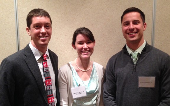 Kyle Miller, left, Amanda (Engels) Miller and Issac Johnston were three of the four Newman University alumni who received family medicine scholarships Dec. 6 from the University of Kansas School of Medicine-Wichita. The fourth recipient, Joseph Baalmann, is not pictured. The four Newman alums were among only eight KU School of Medicine-Wichita students to receive the scholarships.