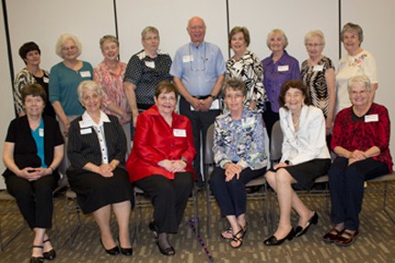 Members of the Class of 1964 attending the Golden Hearts festivities were, l-r, seated: Dolores Rottinghaus Glynn; Therese Wetta, ASC; Mary Ann Seiwert Winkler; Mary Ann Hale Youngers; Mary Margaret Orsman-Kelch; Judy Jesko Dennis; standing: Carmen Schulte May; Sherry Schauf Robben; Leona Darveau O'Reilly; Bridget Flaherty White; Don Yakshaw; Joyce Tieking Witsken; Cecilia Reherman Voss; Theresa Perrier Duran, and Mary Hanes McNutt.