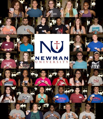 Thirty-seven of the 39 new freshman students at the June 20 Registration Day proudly display their Newman I.D.s.