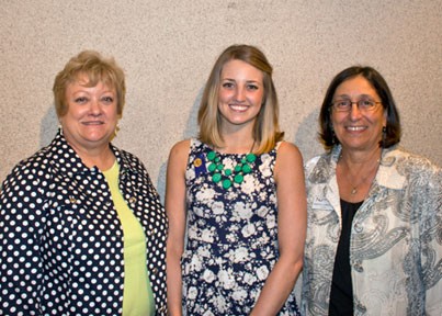 Hanna Hein of Colwich, Kan., center, received the Newman University Spring 2015 Distinguished BSN Graduate Award. The award is given to a graduating nursing student who has a minimum 3.5 cumulative GPA and demonstrates an exceptional commitment to the nursing profession and community involvement. With Hein is Director of Nursing Teresa Vetter, left, and Newman President Noreen M. Carrocci, Ph.D.