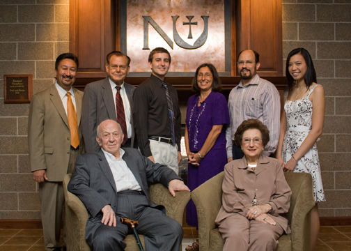 Fran and Geri Jabara, seated, enjoyed meeting recipients of the Ablah Awards and learning of their plans for the future. This photo from 2010 shows the Jabaras with, standing, l-r: former Vice President for University Advancement Tom Borrego; Professor Emeritus (Biology) Surrendra Singh, Ph.D.; award recipient Joseph Baalmann; Newman President Noreen M. Carrocci, Ph.D.; former Professor of Chemistry John Leyba, Ph.D., and award recipient Barbara Nguyen.