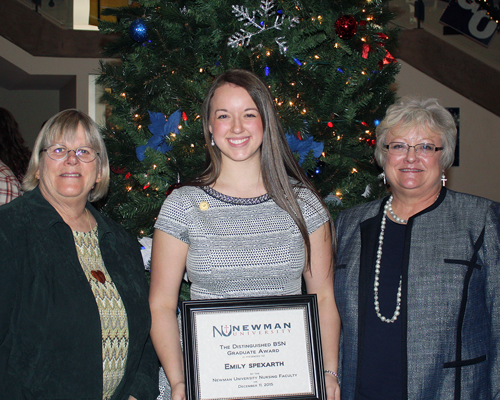 Emily Spexarth of Colwich, Kan., center, received the Newman University Fall 2015 Distinguished BSN Graduate Award. With Spexarth are Associate Dean of Nursing and Allied Health Jane Weilert, Ed.D., left, and Director of Nursing Teresa Vetter, M.S.N.