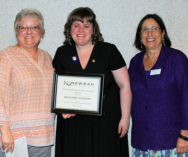 Mallory Vickery of Arkansas City, Kan., center, received the Newman University Spring 2016 Distinguished BSN Graduate Award. With Vickery are Director of Nursing Teresa Vetter, M.S.N., left, and Newman President Noreen M. Carrocci, Ph.D.