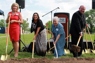 L-r: Newman Board of Trustees Chair Linda Davison, President Noreen M. Carrocci, Ph.D., former Newman President Tarcisia Roths, ASC, and campaign honorary co-chair the Most Rev. Carl A. Kemme, Bishop of the Wichita Diocese, were among those who took part in a ceremonial groundbreaking June 10 for the new Bishop Gerber Science Center.