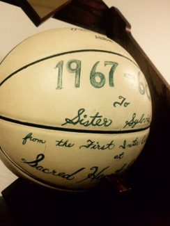 The basketball from the first intercollegiate game at Sacred Heart College.