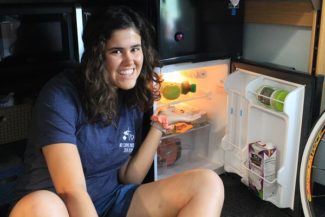 Julia Myers shows how she is stocking her fridge — at least for the first few weeks of class.