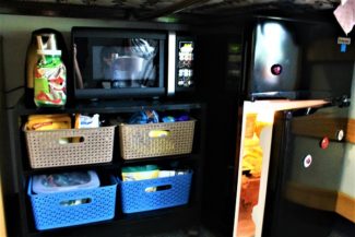 Myers and her roommate set up a "kitchenette" area beneath one of their lofted beds.