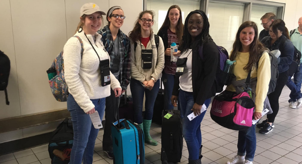 6 students in line at Dallas airport on their way to Guatemala.