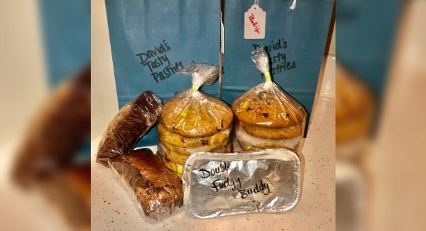 Banana bread, cookies and other treats wrapped and ready for customers.