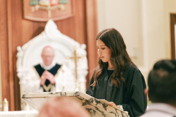 Marie O'Neal reads for the spring 2021 baccalaureate mass