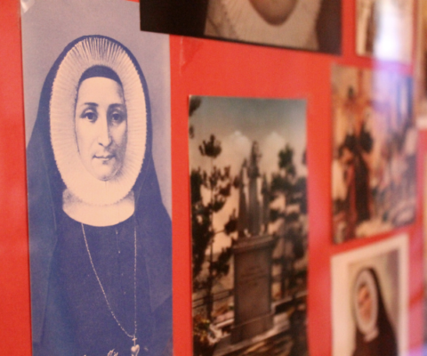 A poster with images of St. Maria De Mattias was on display outside of the chapel.