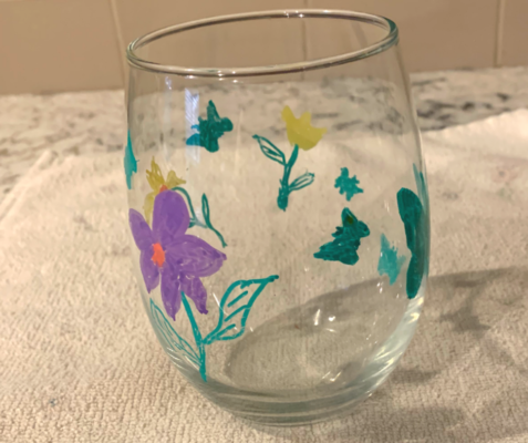This wine glass was decorated by Pat Kiser Jansen.