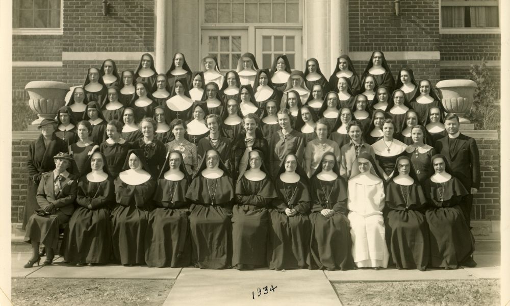 Sisters outside Newman University Sacred Heart Hall, 1934