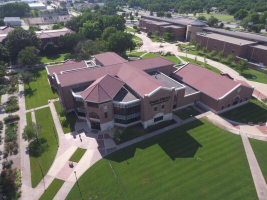 An aerial view of the Dugan Library and Campus Center.