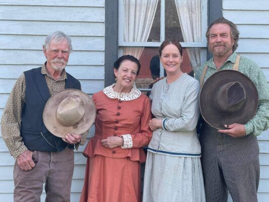 Buck Taylor, Marla Matkin, Mary McDonough, Darby Hinton on set at Old Cowtown. Photo courtesy of Noel Coalson.