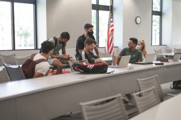 Students study together in a classroom in the Bishop Gerber Science Center.