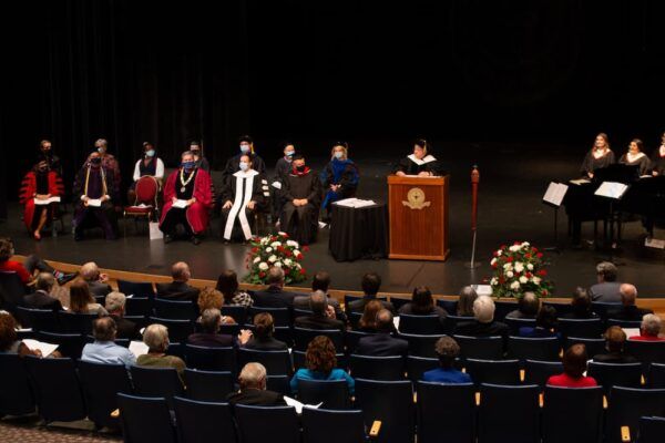 Sister Vicki Bergkamp, ASC, shares her appreciation for President Kathleen Jagger's commitment to the university.