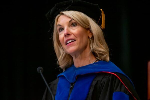 Professor Audrey Hane served as the Master of Ceremonies at President Kathleen Jagger's inauguration on Oct. 7, 2021.