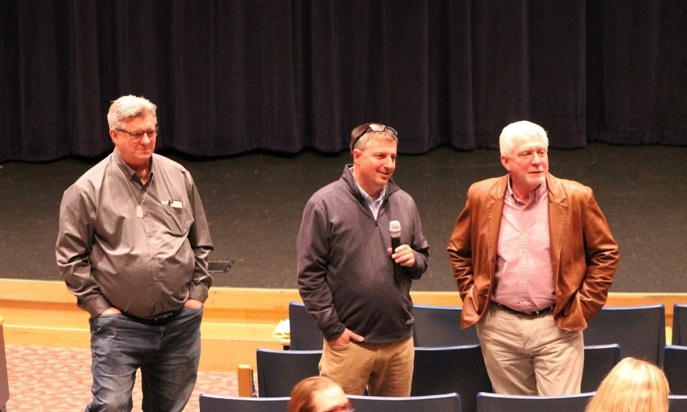 Roy Wenzl, Travis Heying, and Ray Kapaun answer questions from attendees at the showing on Veterans Day, Nov. 11.