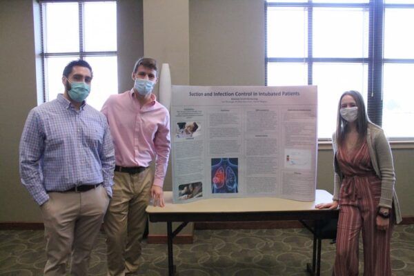 (From left to right) Nursing students Andrew Stevenson, Ivan Balavage and Marlie Wagner presented their research, “Open vs. Closed Suctioning and Infection Control in Intubated Patients.”