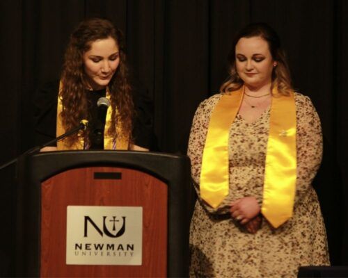 (From left to right) Students Desiree Cortes and Kaylee Haught addressed their graduating nursing class.