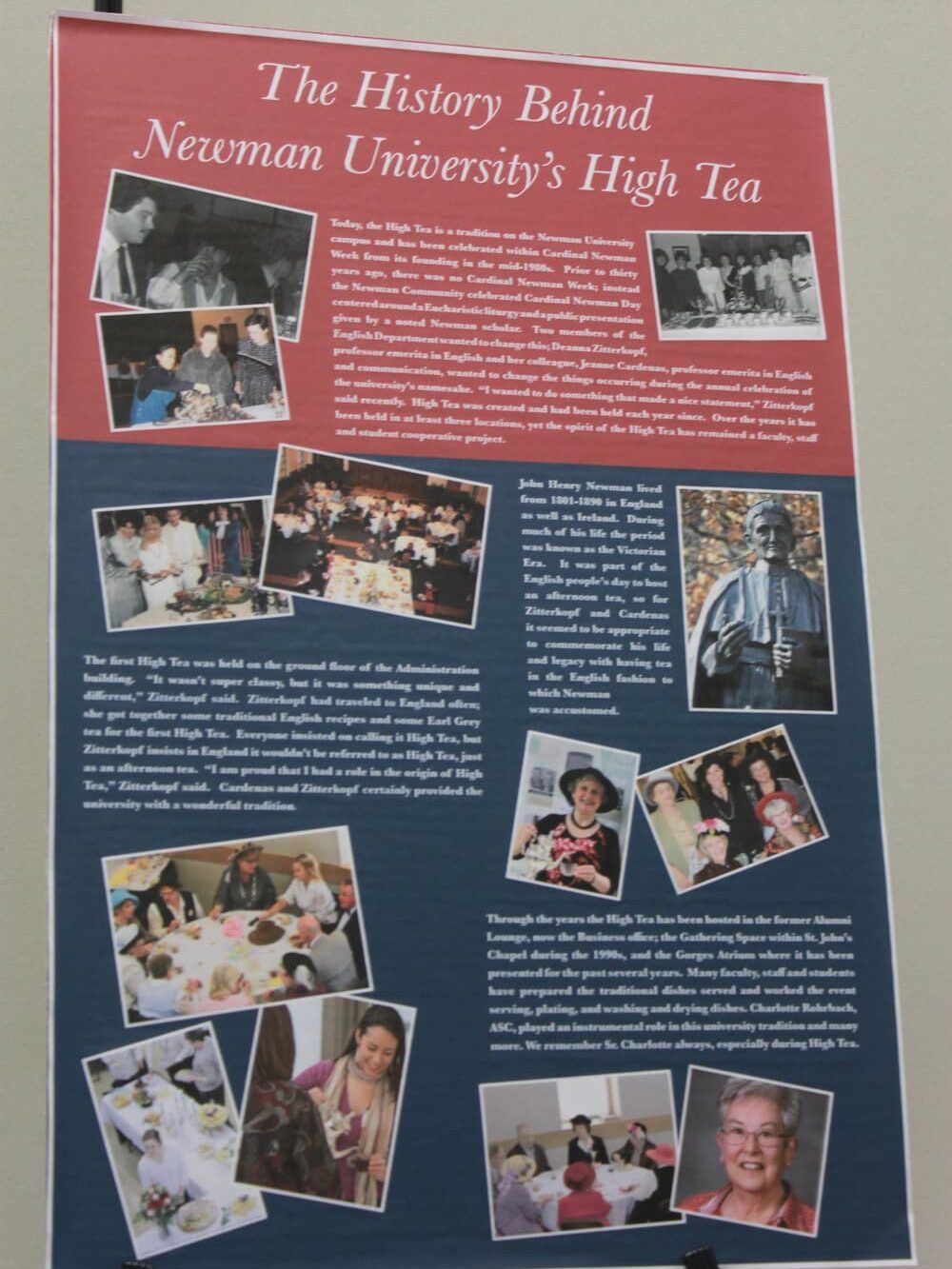 The poster reads, "Charlotte Rohrbach, ASC, played an instrumental role in this university tradition and many more. We remember Sister Charlotte always, but especially during High Tea."