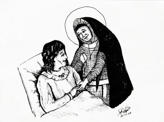 John Suffield's visual art piece depicts St. Maria De Mattias "serving a dear neighbor."
