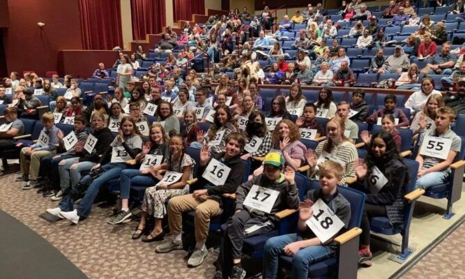 Participants in the Sunflower State Spelling Bee, held March 26, 2022 at Newman University. Photo courtesy of Kansas Press Association.