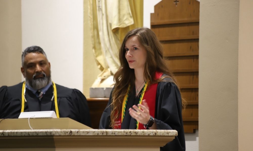 Marcus Gonzalez and Kayla Garvert share reflections at Baccalaureate Mass