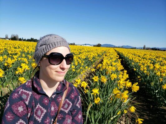 Kelly Pendergest in a field of tulips, courtesy photo