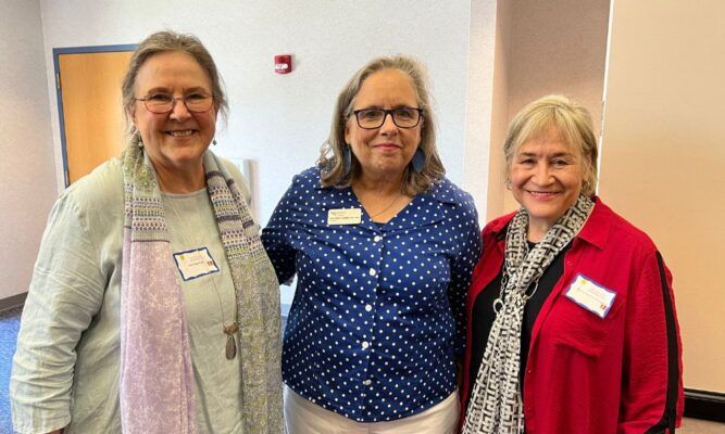 (From left to right) Sacred Heart Academy graduate Susan Cohn '64, President Kathleen Jagger and SHA graduate Karen Flanigan '64 celebrate the 76th birthdays of their fellow classmates.