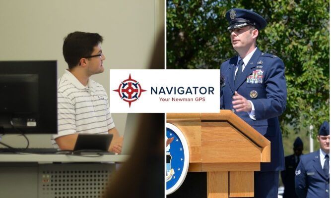 Newman University student Brayden Prockish experienced the Newman Navigator program with alumnus Brig. Gen. Shawn Campbell.