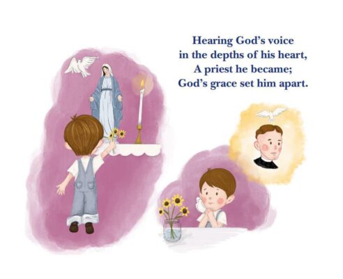 A page from "The Story of Father Kapaun" board book reads: "Hearing God's voice in the depths of his heart, A priest he became; God's grace set him apart." (Courtesy photo)