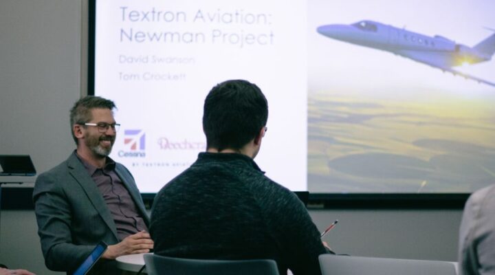 Representatives of Textron Aviation met with students of David Cochran's class at Newman University.