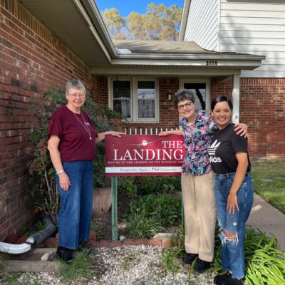 Ponce stands with Sister Janet Rowley (left) and Sister Patty Owens) outside The Landing after finishing the baskets for her capstone project. (Courtesy photo)