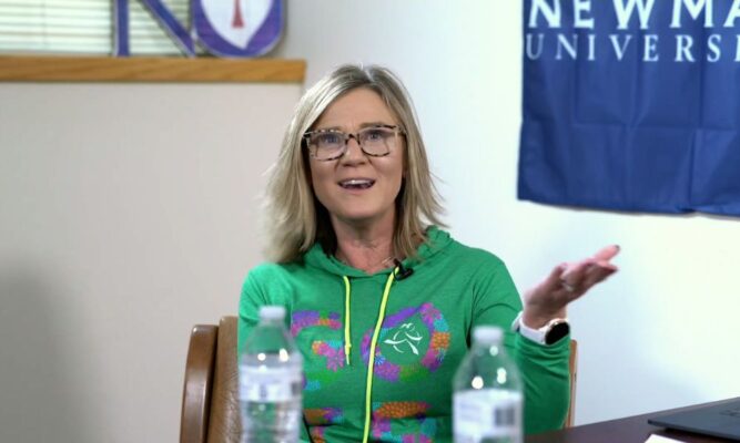 Christy Thomas '04, founder of Girls on the Run Heart of Kansas, speaks on The Newman Bond podcast.