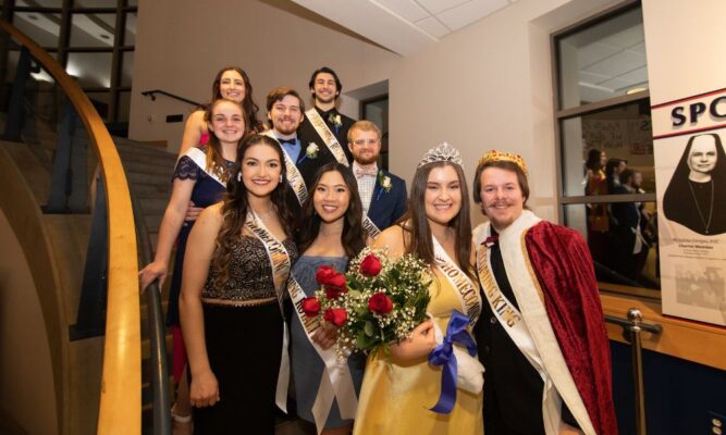 The 2023 Newman homecoming court: (Back row, left to right) Lauren Esfeld and Alex DeHoet; (middle row, left to right) Hadassah Umbarger, John Suffield and Marcus Lines; (main row, left to right) Talia Powers, Michelle Tong, Elizabeth Raehpour (queen) and Austin Schwartz (king).