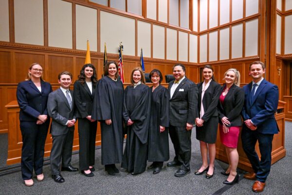 Courtney Klaus (second from the right) with a panel of distinguished federal judges, February 6, 2023. (Photo by Matt Cashore)