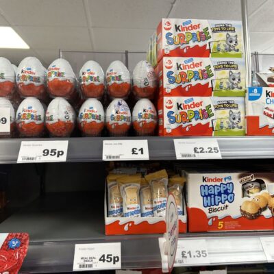 Kinder Surprise candy stocked the shelves of the store.