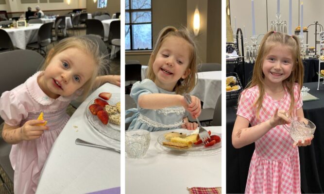 A staff member brought his smiling girls to enjoy the festivities of High Tea 2023.
