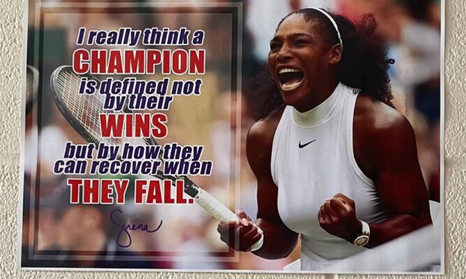 The Black History Month display in McNeill Hall includes motivational quotes from famous and historical figures, such as Serena Williams.