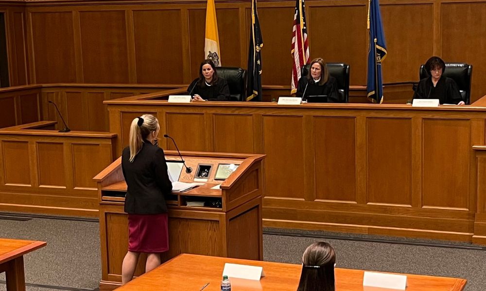 Courtney Klaus argues a case in front of a panel of distinguished federal judges, including Associate Justice Amy Coney Barrett of the Supreme Court of the United States, Judge Britt Grant of the U.S. Court of Appeals for the Eleventh Circuit, and Chief Judge Diane Sykes of the U.S. Court of Appeals for the Seventh Circuit. 