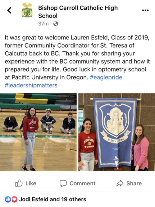 A Facebook post from Bishop Carroll Catholic High School shares Esfeld's recent visit where she spoke with current high schoolers.