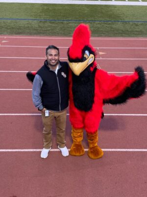 Still stands with the Dodge City Middle School Cardinal mascot. (Courtesy photo)
