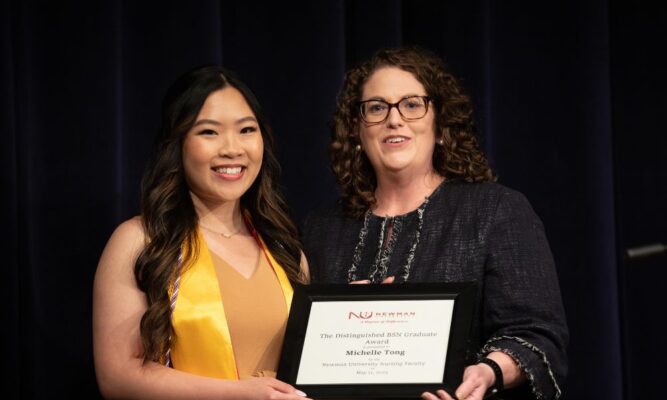(From left to right) Michelle Tong receives the 2023 Distinguished BSN Nursing Award from Geri Tyrell, dean of the School of Healthcare Professions.