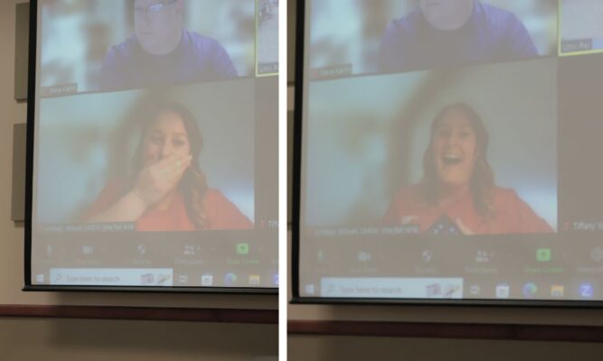 Stillwell's live reaction via Zoom played in front of all staff and faculty in attendance at the event.