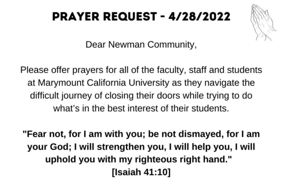 This prayer request was sent to Newman students, faculty and staff via email April 28, 2022.