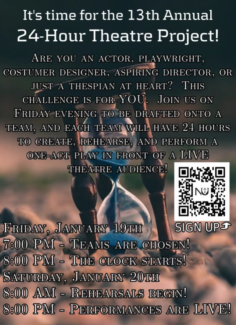 24 Hour Theater project poster shows an hourglass running out of time.